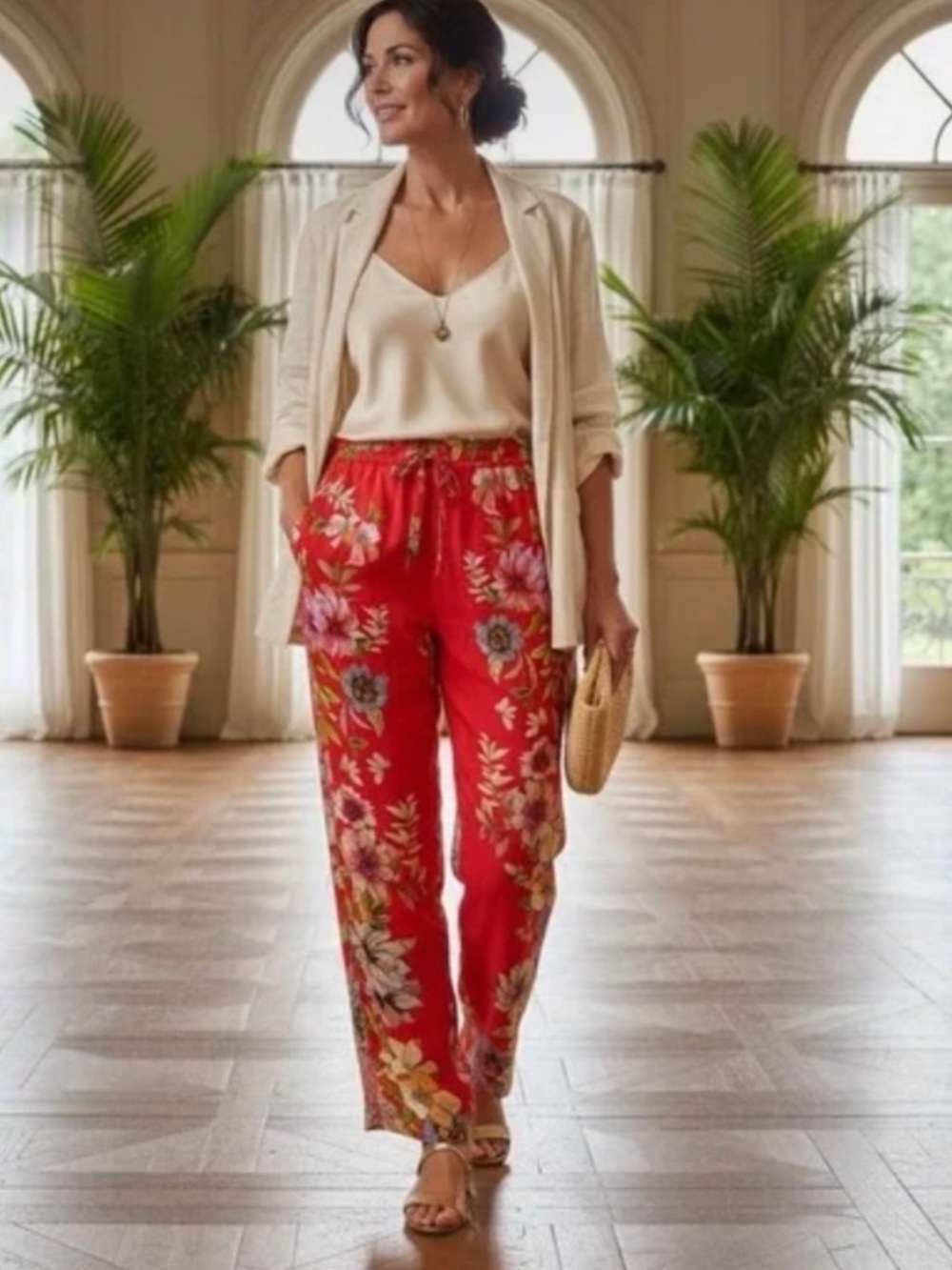 Johnny Was Aurelia Floral Wide Leg Pants in Coral - Size XL